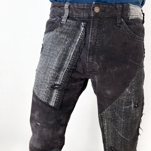 Black Rocker Jeans Acid Wash Metallic Silver Denim - Picture 7 of 16